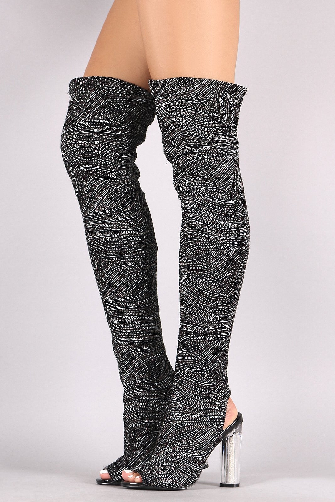 Glitter Patterned Clear Heeled Over-The-Knee Boots