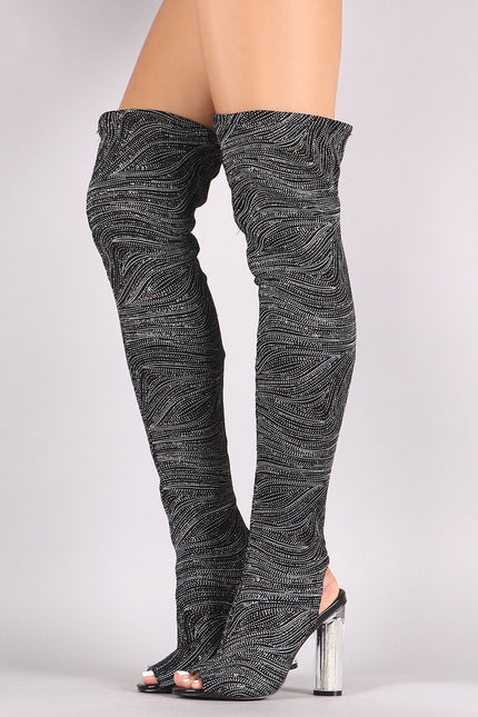 Glitter Patterned Clear Heeled Over-The-Knee Boots