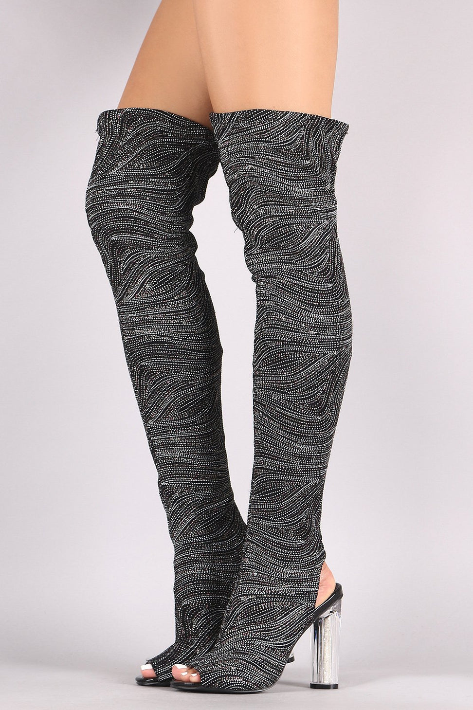 Glitter Patterned Clear Heeled Over-The-Knee Boots