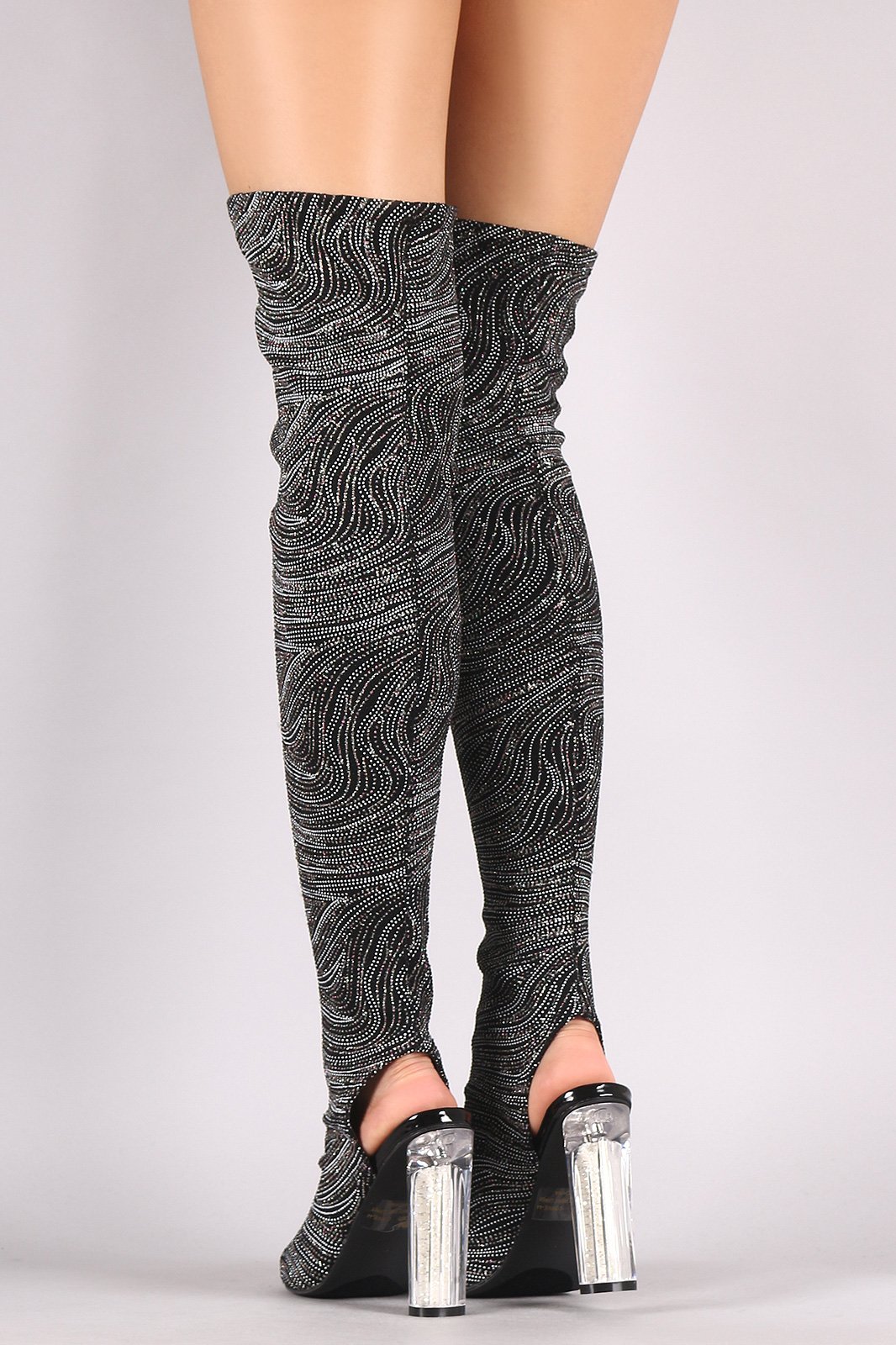 Glitter Patterned Clear Heeled Over-The-Knee Boots
