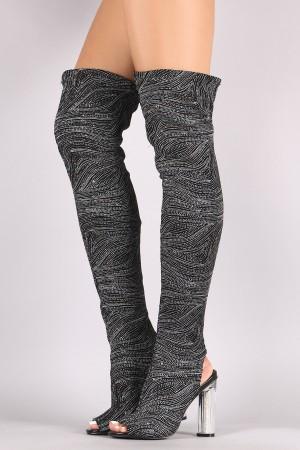 Glitter Patterned Clear Heeled Over-The-Knee Boots