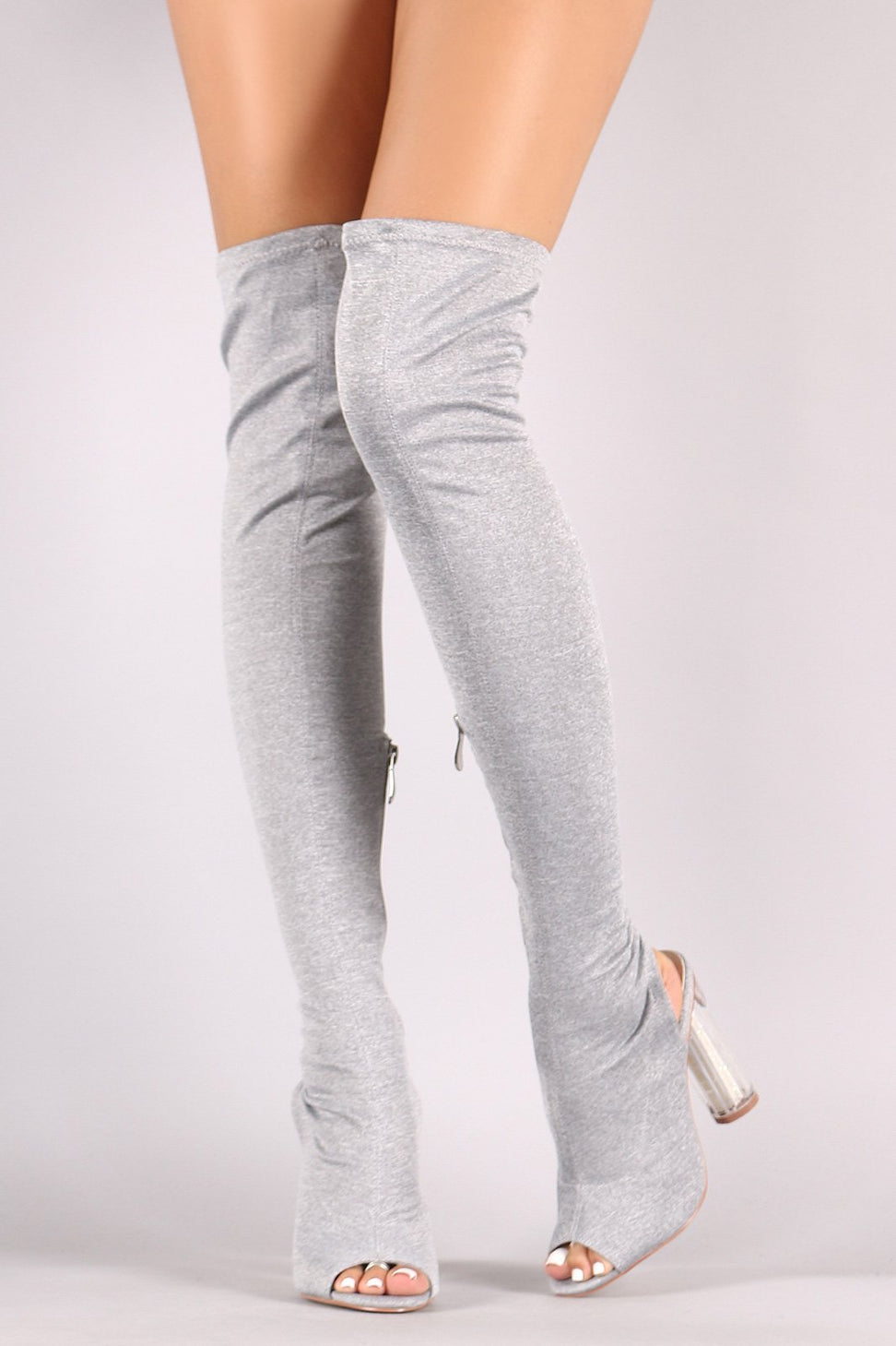 Fitted Knit Glitter-Filled Clear Heeled Over-The-Knee Boots - NoveltyOne