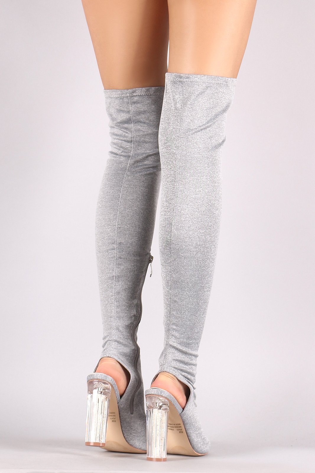 Fitted Knit Glitter-Filled Clear Heeled Over-The-Knee Boots - NoveltyOne