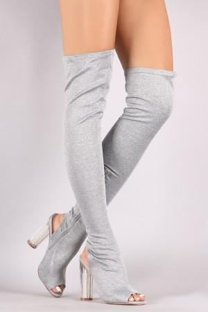 Fitted Knit Glitter-Filled Clear Heeled Over-The-Knee Boots - NoveltyOne