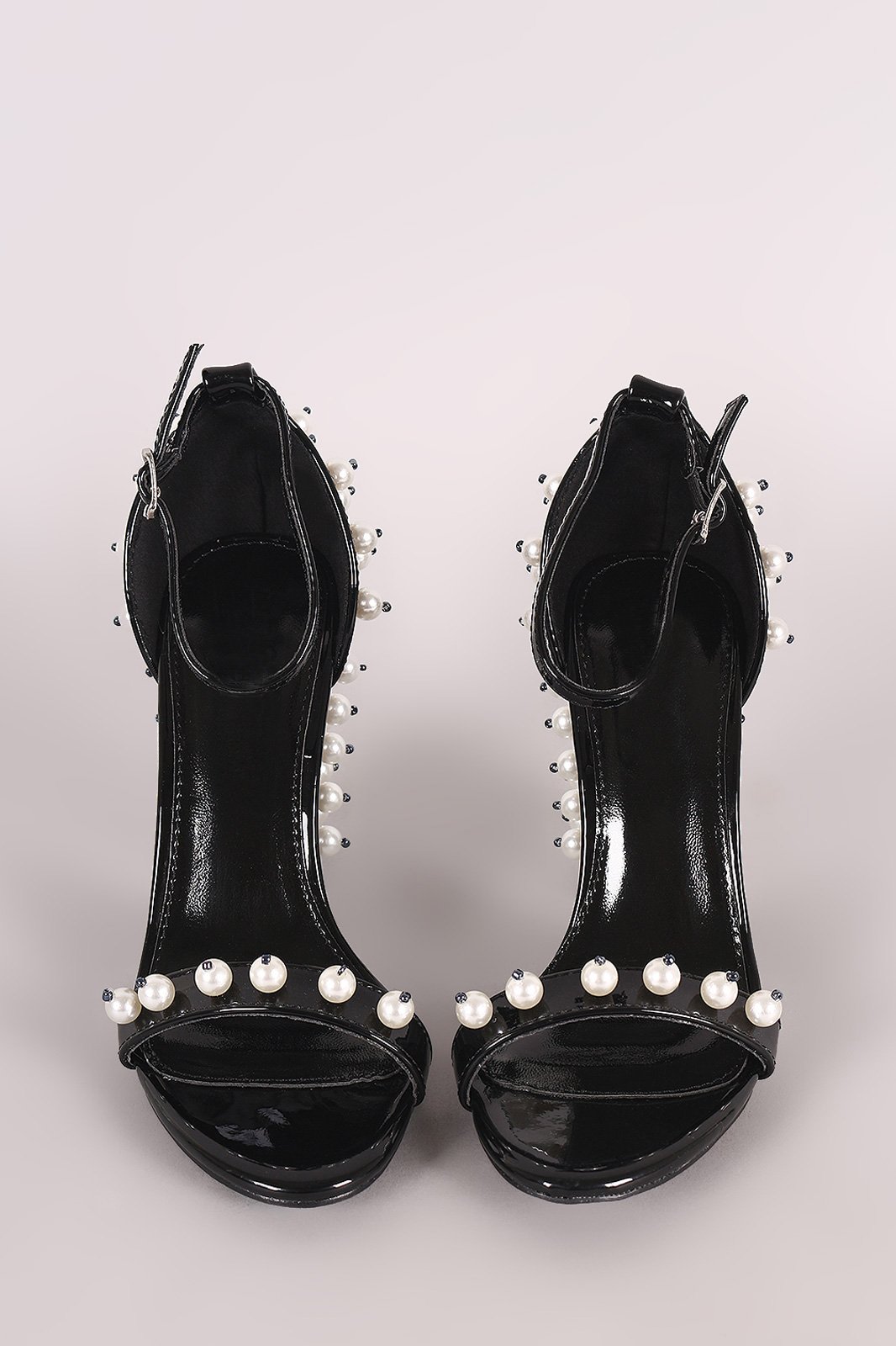 Metallic Patent Pearl Embellished Open Toe Ankle Strap Chunky Heel