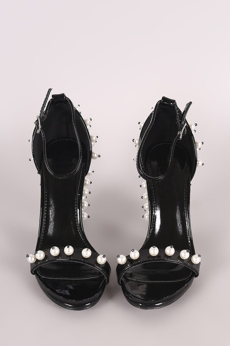 Metallic Patent Pearl Embellished Open Toe Ankle Strap Chunky Heel