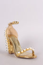 Metallic Patent Pearl Embellished Open Toe Ankle Strap Chunky Heel