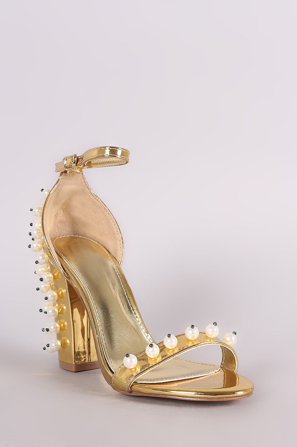 Metallic Patent Pearl Embellished Open Toe Ankle Strap Chunky Heel