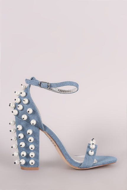 Denim Faux Pearl Embellished Open Toe Ankle Strap Chunky Heel