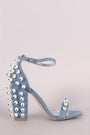 Denim Faux Pearl Embellished Open Toe Ankle Strap Chunky Heel