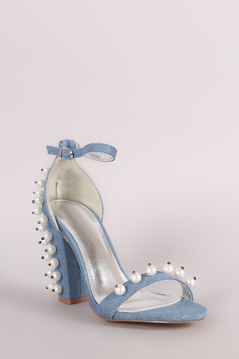 Denim Faux Pearl Embellished Open Toe Ankle Strap Chunky Heel