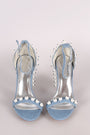 Denim Faux Pearl Embellished Open Toe Ankle Strap Chunky Heel