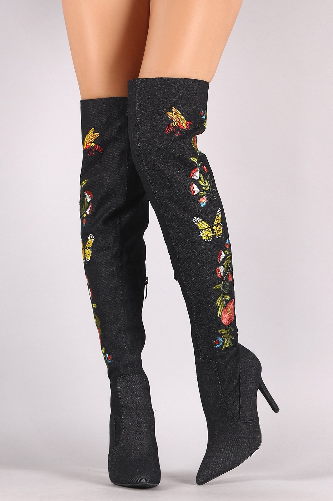 Embroidered Insect And Flower Stiletto Over-The-Knee Boots