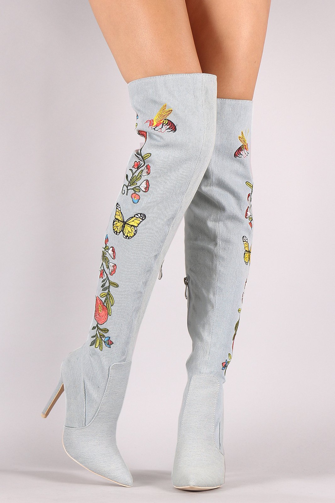 Embroidered Insect And Flower Stiletto Over-The-Knee Boots