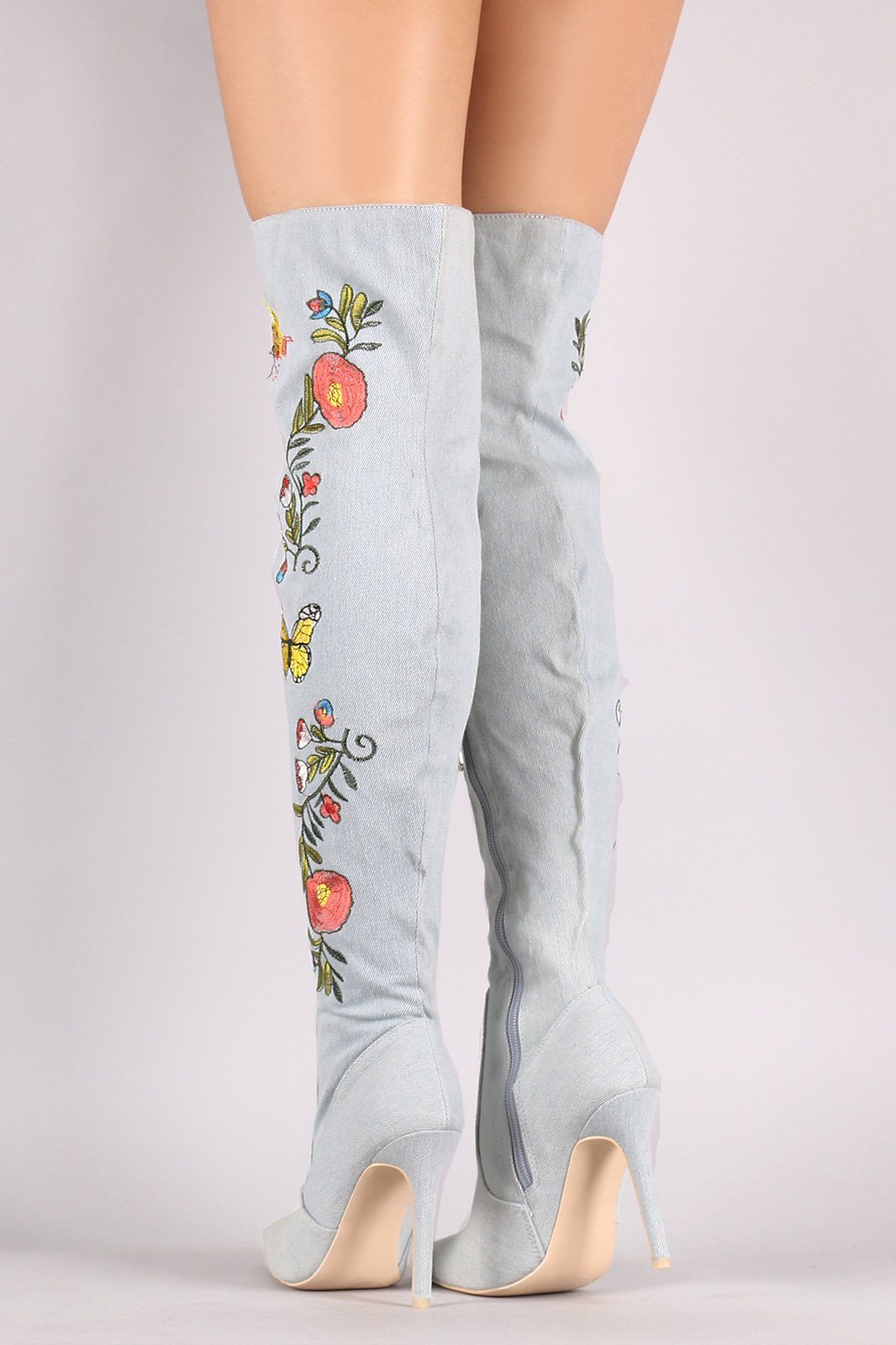 Embroidered Insect And Flower Stiletto Over-The-Knee Boots