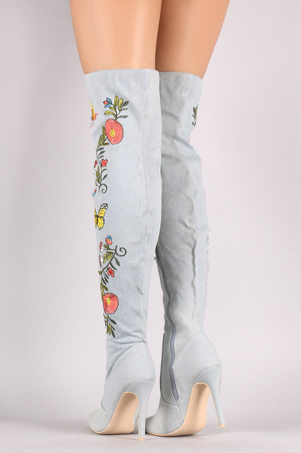 Embroidered Insect And Flower Stiletto Over-The-Knee Boots