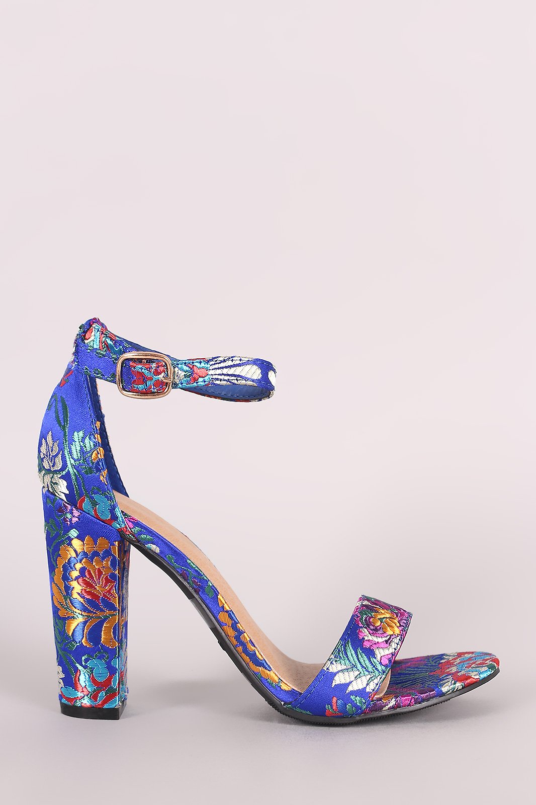 Bamboo Floral Brocade Satin Open Toe Ankle Strap Chunky Heel