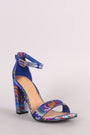 Bamboo Floral Brocade Satin Open Toe Ankle Strap Chunky Heel