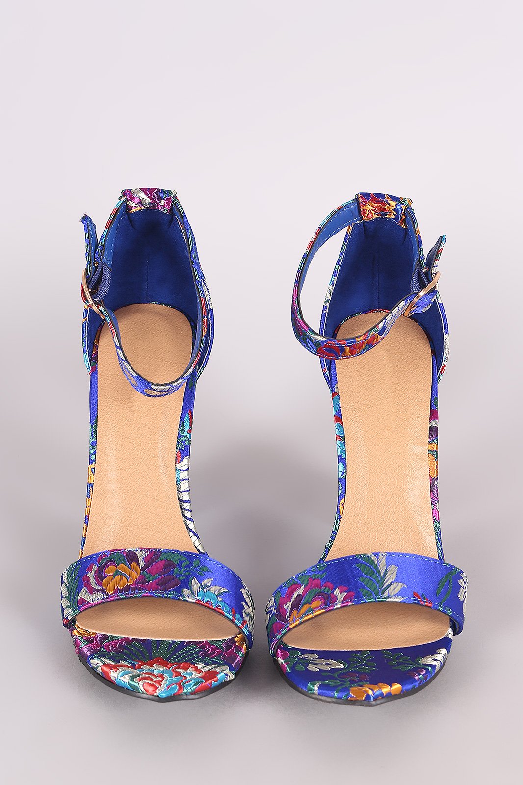 Bamboo Floral Brocade Satin Open Toe Ankle Strap Chunky Heel