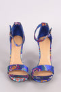 Bamboo Floral Brocade Satin Open Toe Ankle Strap Chunky Heel