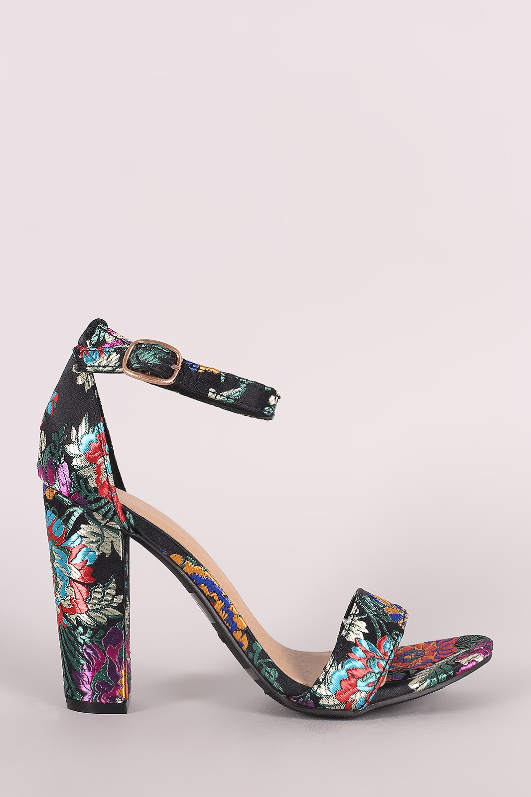 Bamboo Floral Brocade Satin Open Toe Ankle Strap Chunky Heel