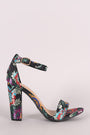 Bamboo Floral Brocade Satin Open Toe Ankle Strap Chunky Heel