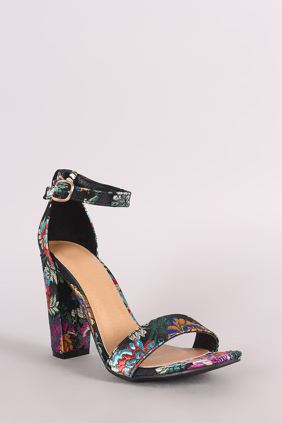 Bamboo Floral Brocade Satin Open Toe Ankle Strap Chunky Heel