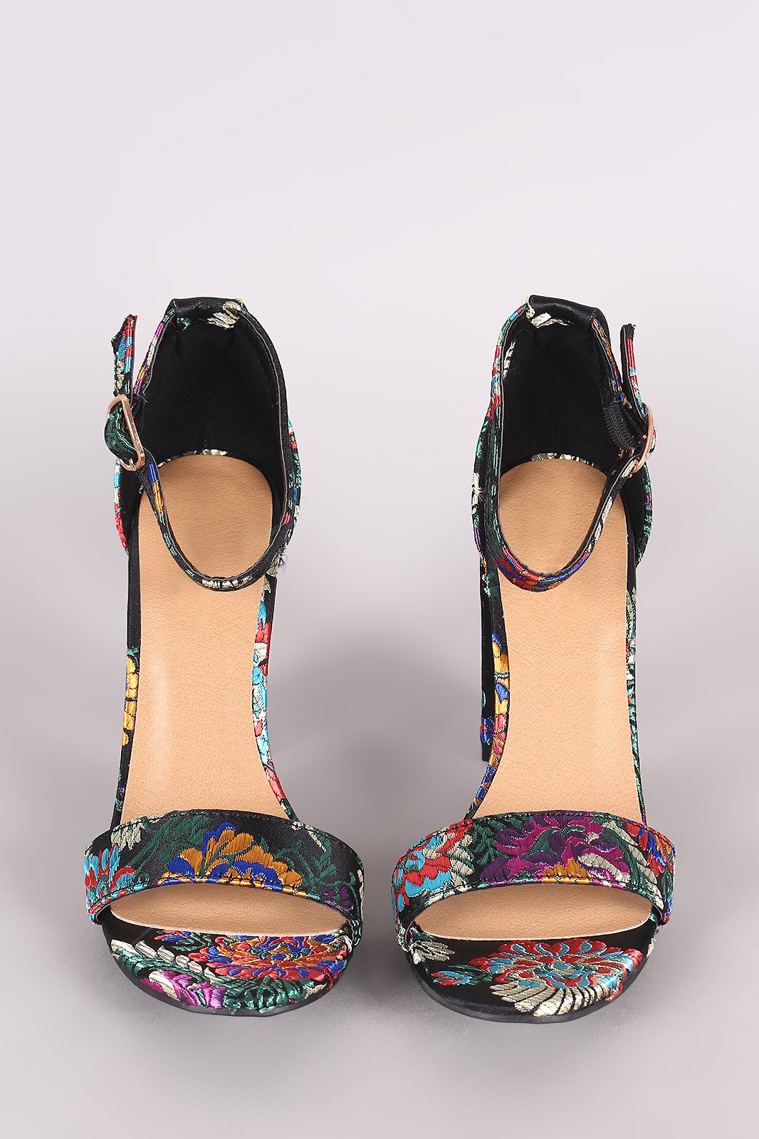 Bamboo Floral Brocade Satin Open Toe Ankle Strap Chunky Heel
