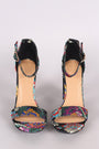 Bamboo Floral Brocade Satin Open Toe Ankle Strap Chunky Heel
