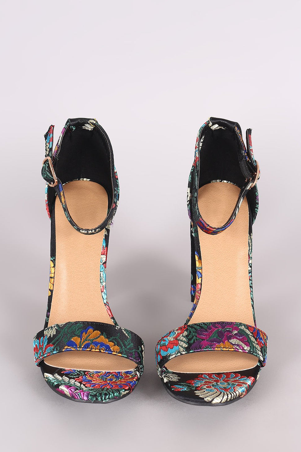 Bamboo Floral Brocade Satin Open Toe Ankle Strap Chunky Heel