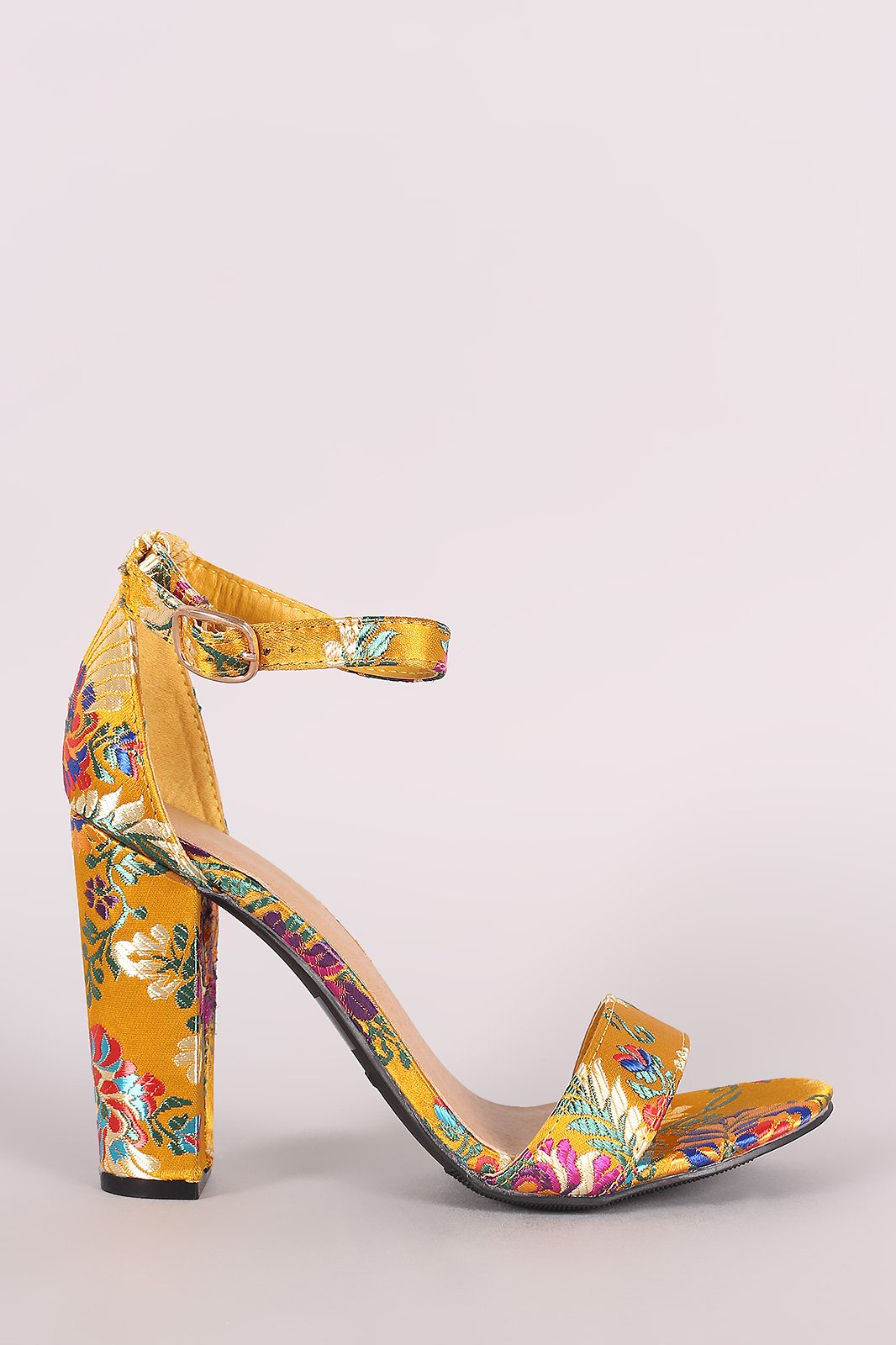 Bamboo Floral Brocade Satin Open Toe Ankle Strap Chunky Heel