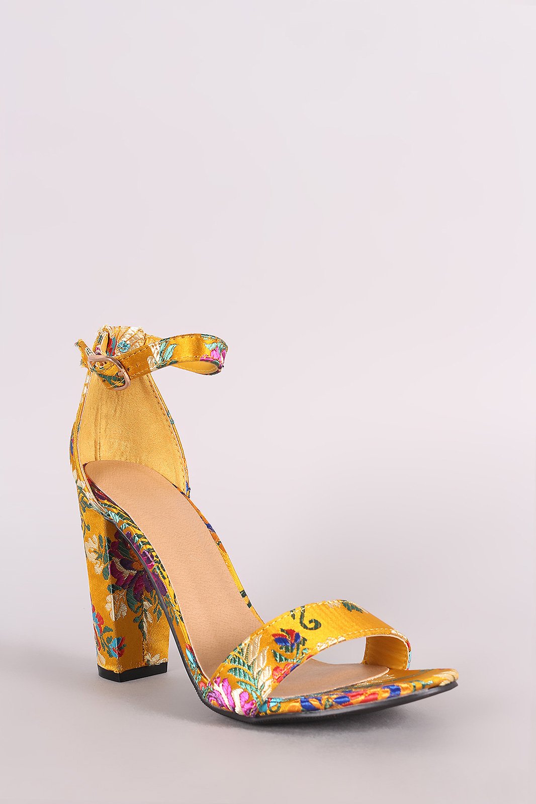 Bamboo Floral Brocade Satin Open Toe Ankle Strap Chunky Heel