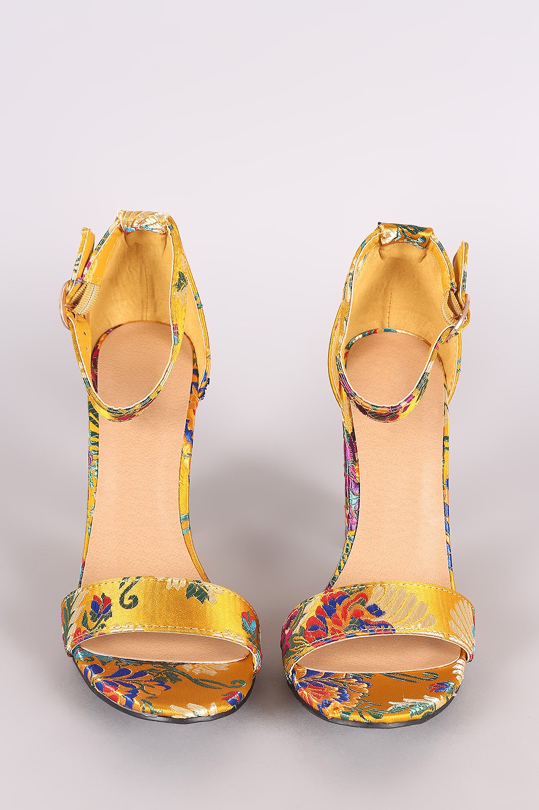 Bamboo Floral Brocade Satin Open Toe Ankle Strap Chunky Heel