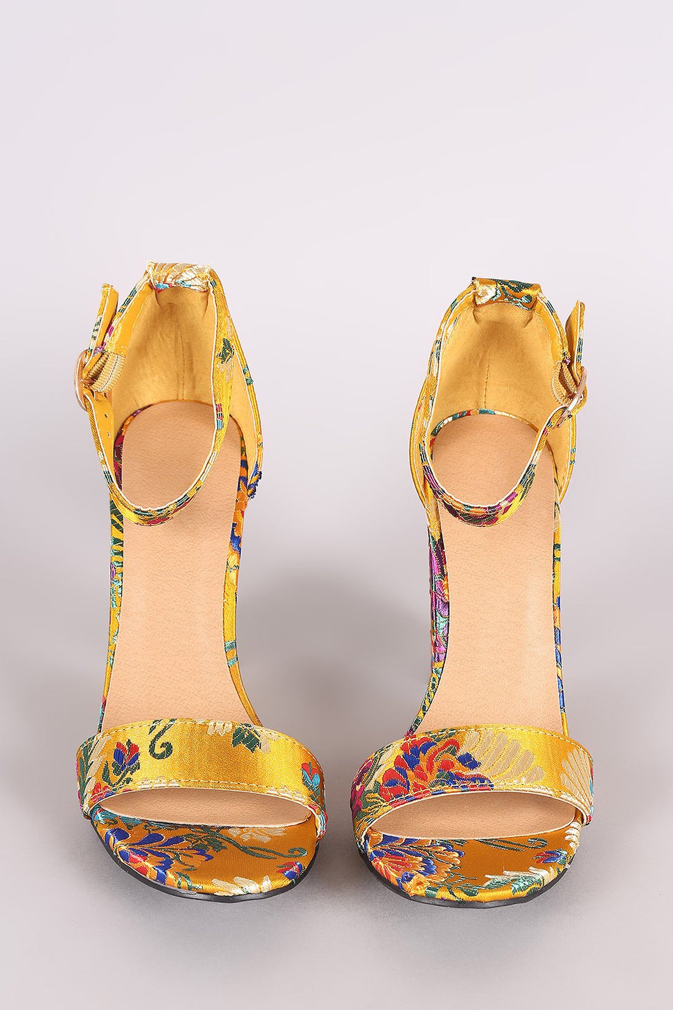 Bamboo Floral Brocade Satin Open Toe Ankle Strap Chunky Heel