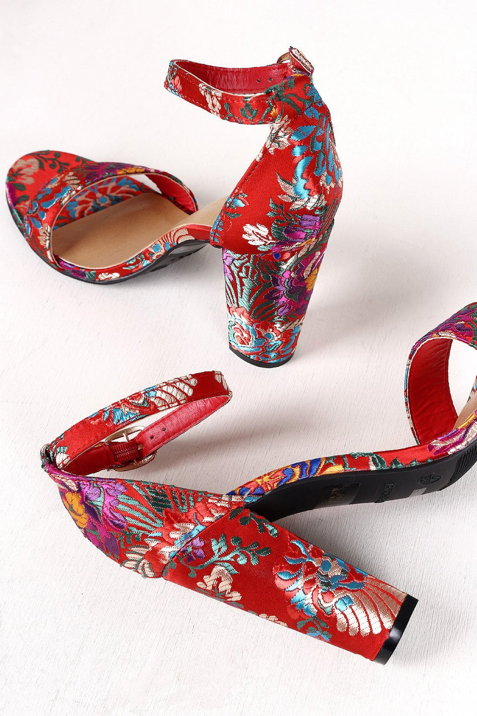Bamboo Floral Brocade Satin Open Toe Ankle Strap Chunky Heel