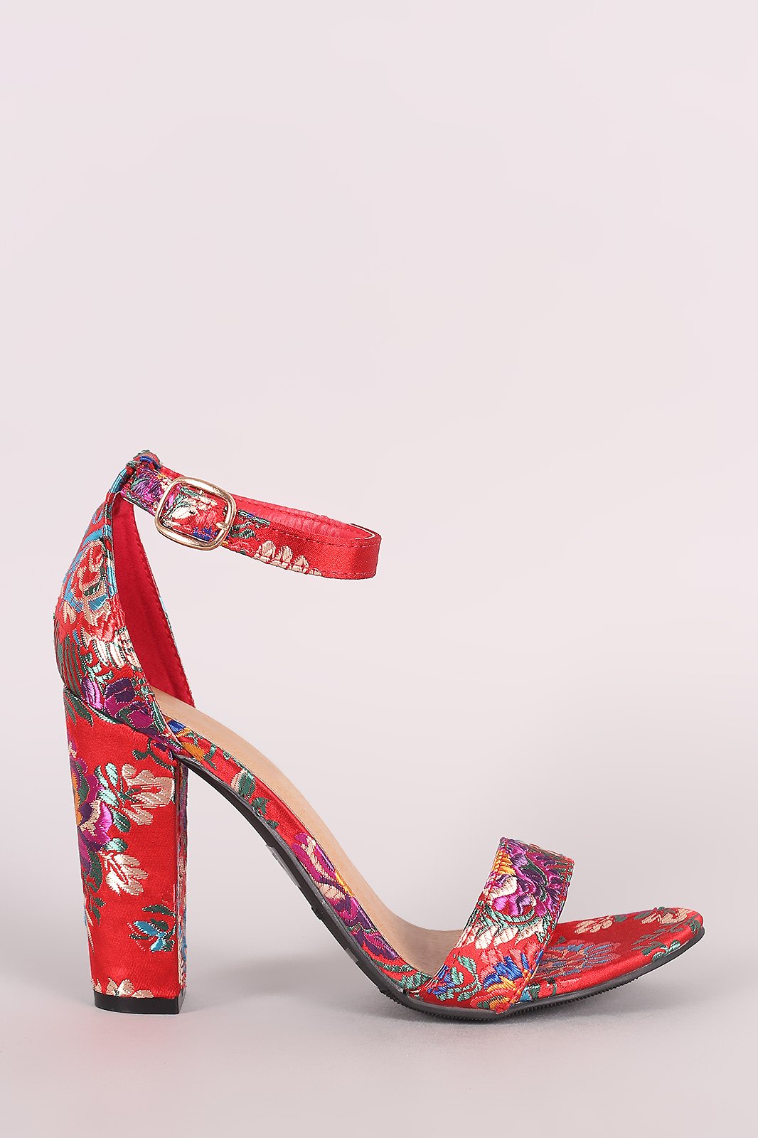 Bamboo Floral Brocade Satin Open Toe Ankle Strap Chunky Heel
