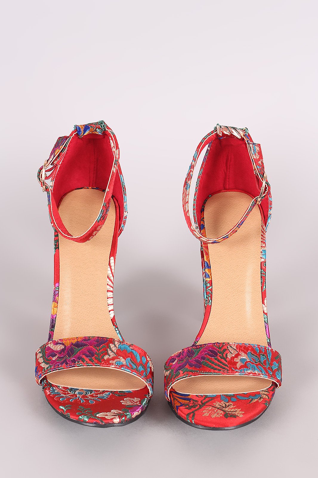 Bamboo Floral Brocade Satin Open Toe Ankle Strap Chunky Heel