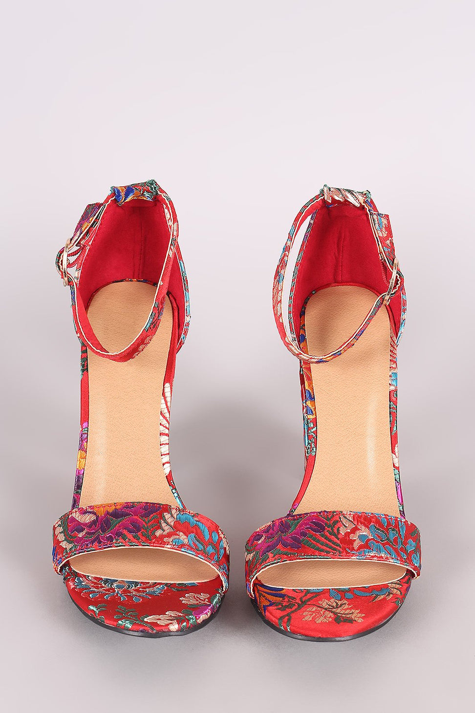 Bamboo Floral Brocade Satin Open Toe Ankle Strap Chunky Heel