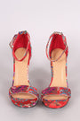 Bamboo Floral Brocade Satin Open Toe Ankle Strap Chunky Heel
