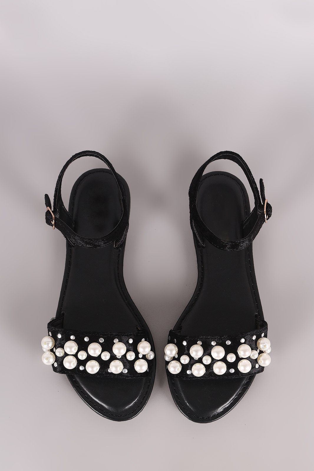 Bamboo Velvet Faux Pearl Accent Ankle Strap Flat Sandal