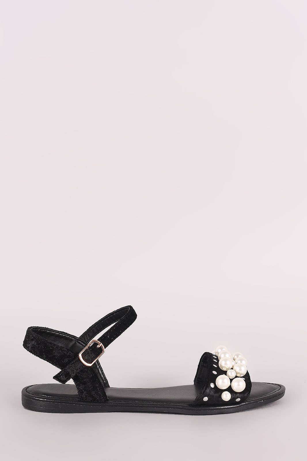 Bamboo Velvet Faux Pearl Accent Ankle Strap Flat Sandal