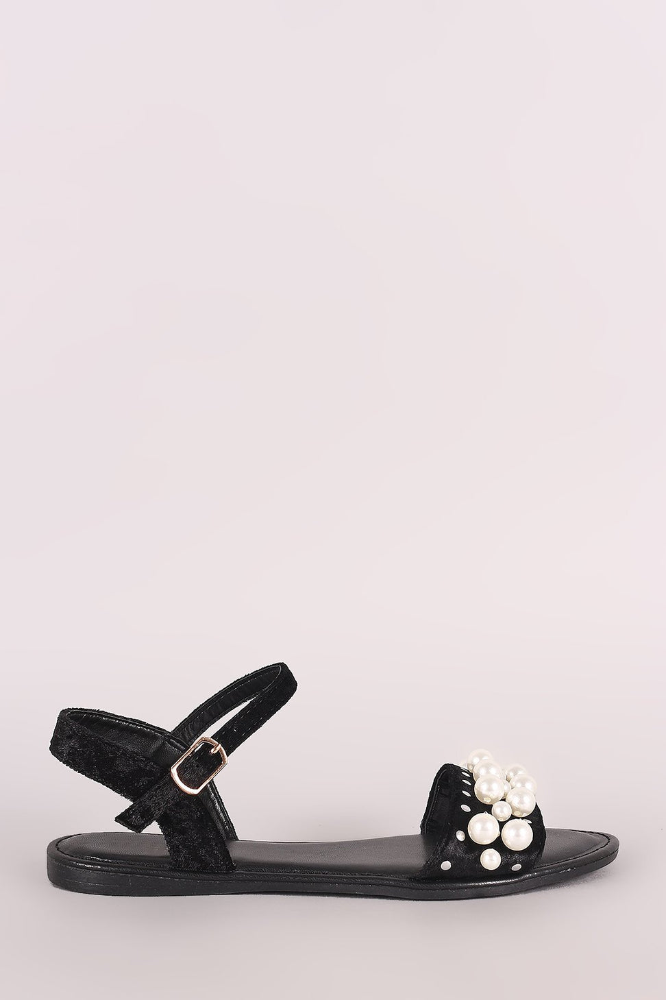 Bamboo Velvet Faux Pearl Accent Ankle Strap Flat Sandal