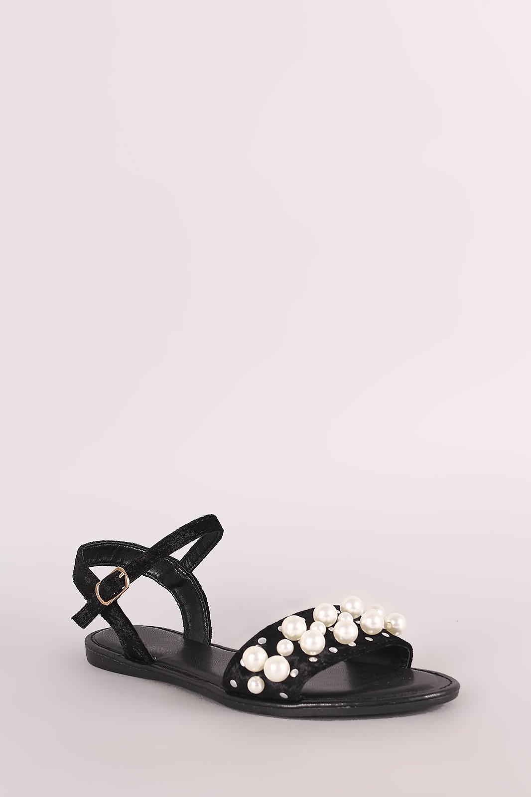 Bamboo Velvet Faux Pearl Accent Ankle Strap Flat Sandal