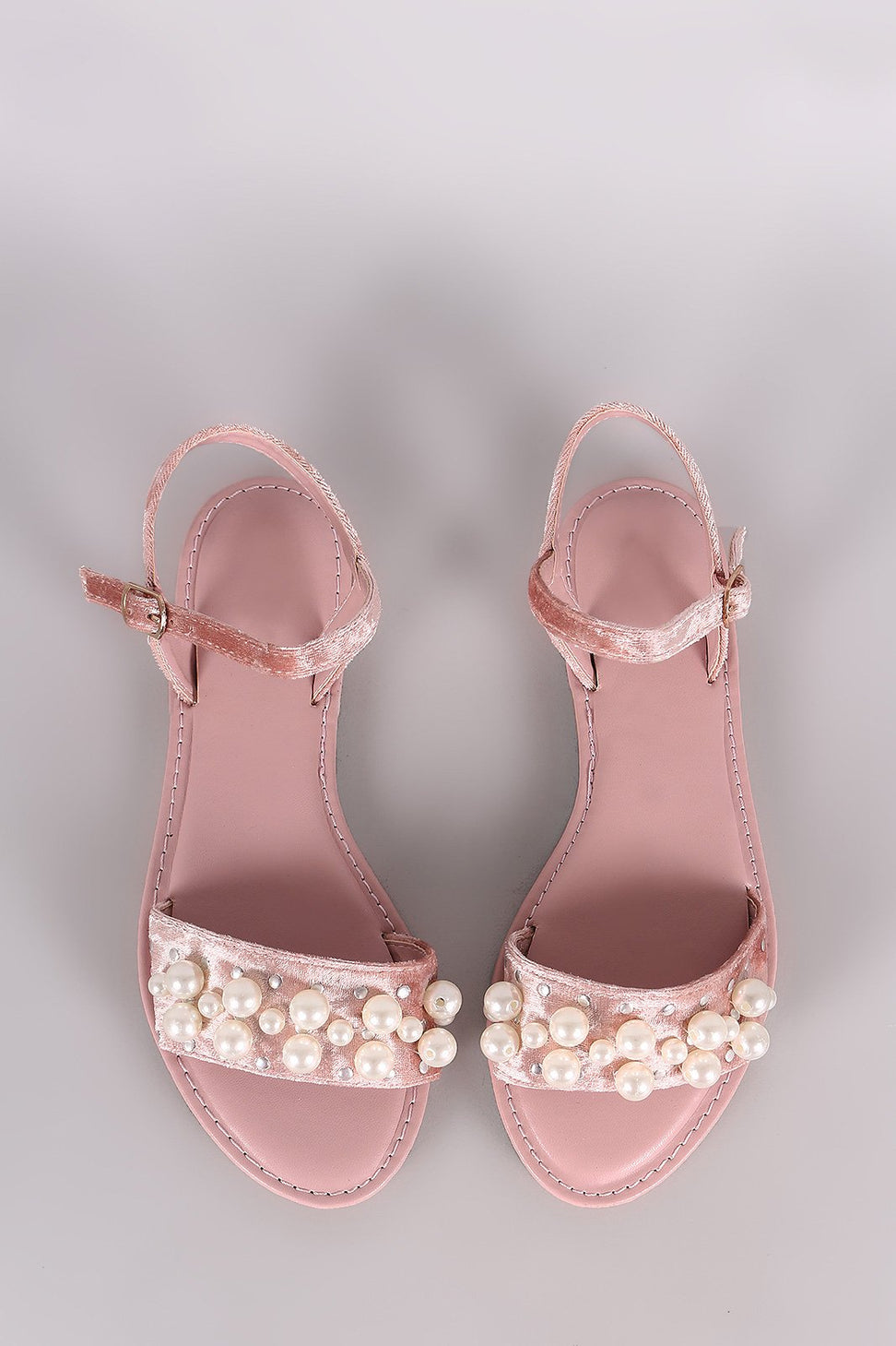 Bamboo Velvet Faux Pearl Accent Ankle Strap Flat Sandal