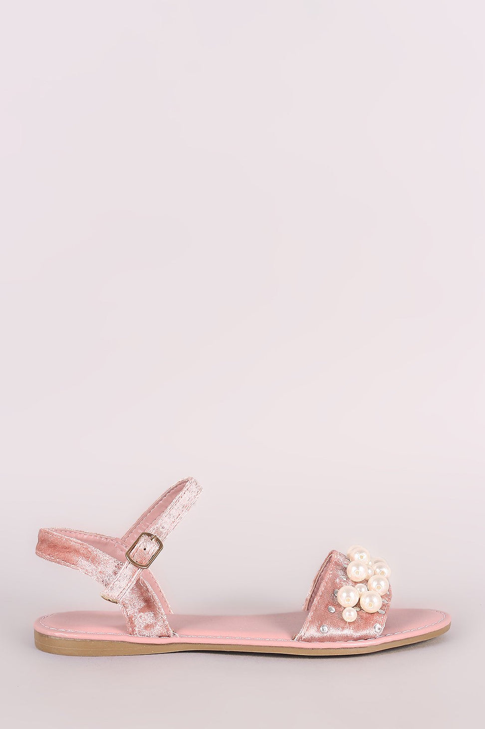 Bamboo Velvet Faux Pearl Accent Ankle Strap Flat Sandal