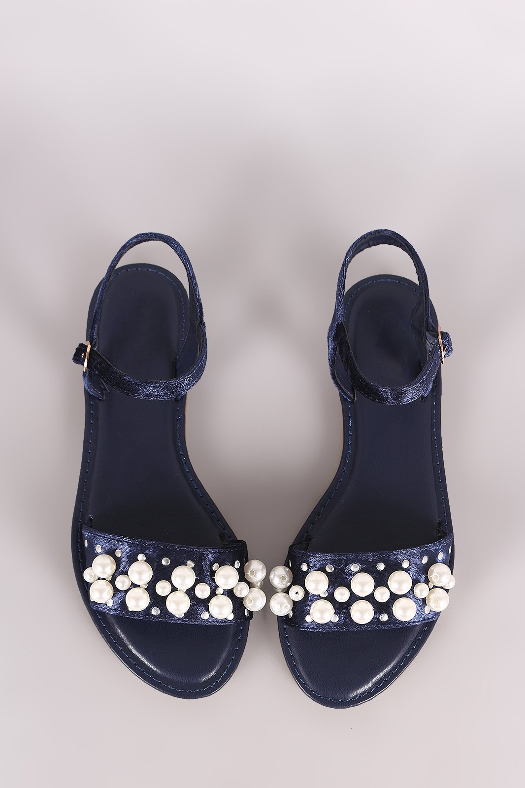 Bamboo Velvet Faux Pearl Accent Ankle Strap Flat Sandal