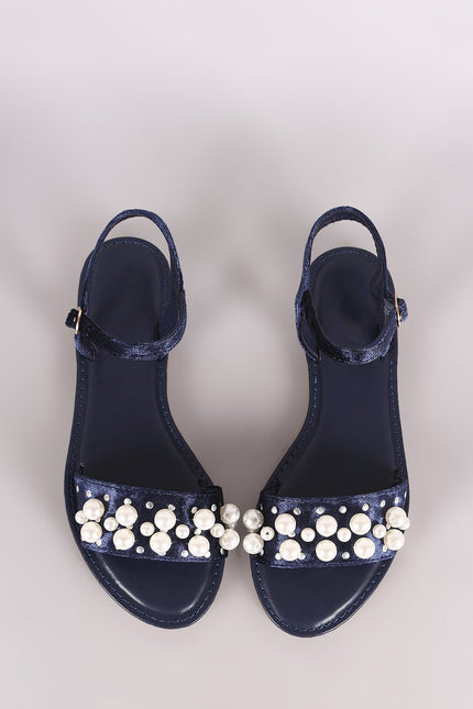 Bamboo Velvet Faux Pearl Accent Ankle Strap Flat Sandal