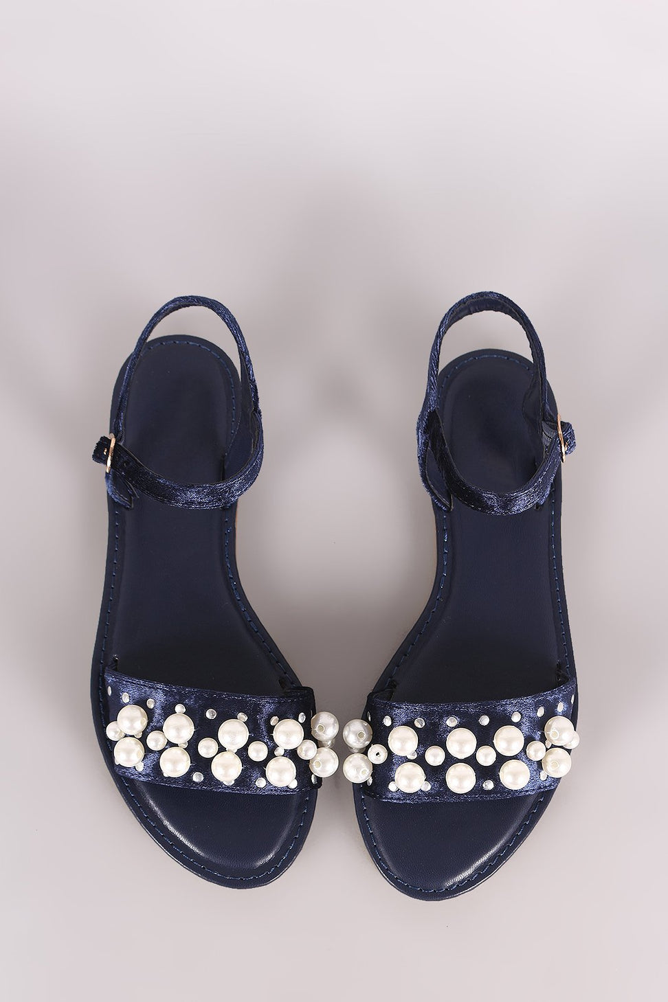 Bamboo Velvet Faux Pearl Accent Ankle Strap Flat Sandal