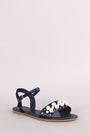 Bamboo Velvet Faux Pearl Accent Ankle Strap Flat Sandal