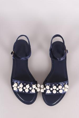 Bamboo Velvet Faux Pearl Accent Ankle Strap Flat Sandal